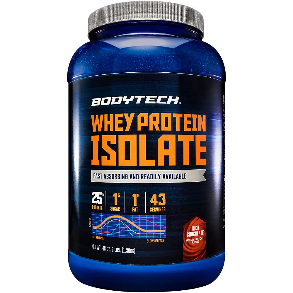 BODYTECH Whey Protein Isolate Powder - Rich Chocolate Flavor - Premium Beljakovine dopolnilo za rast mišic in regeneracijo - Nizko karb in visoko protein Formula za zmogljivost (3 lbs/ 43 Servis)