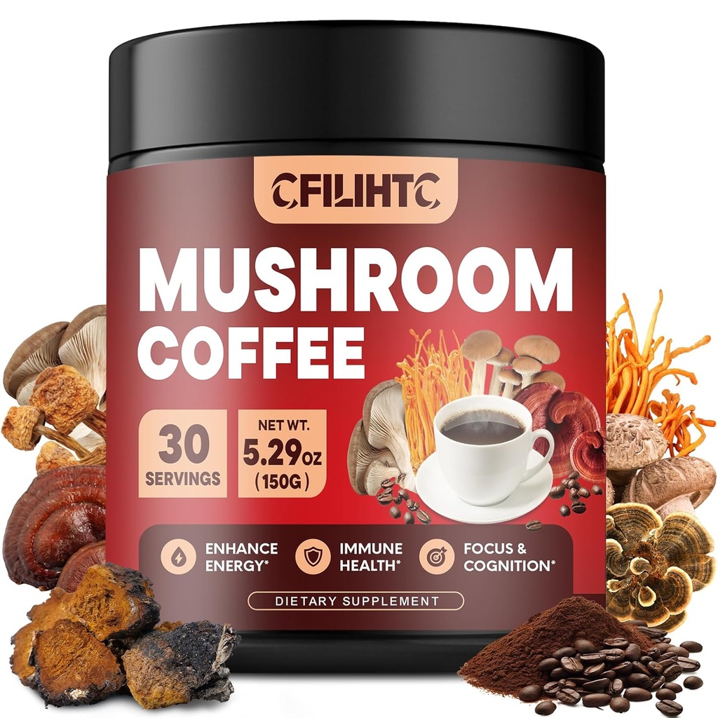 Kava iz gob - kolumbijska goba v prahu hipna kava z levjo grivo, Reishi, Chaga, Cordyceps & More - 150g kava iz gob Alternativna za energijo, fokus, mentalna jasnost in imunost