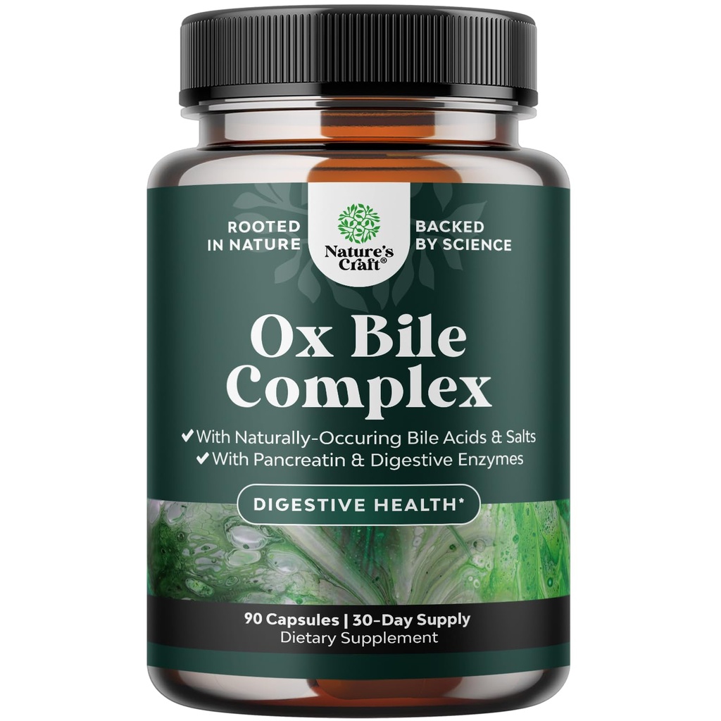Prebavne encime z Ox Bile - Ox Bile dopolnila za brez žolčnika s Trypsin, Papain & Bromelain Enzyme za Pancrease Cleanse & Detox - Pancreatin Digestion Encimi za ženske in moške - 90 Ct