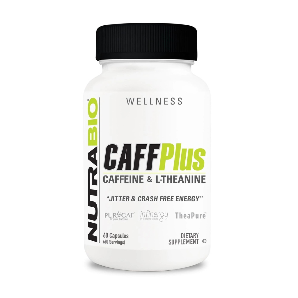 NutraBio CaffPlus, dvojni vir kofeina s Theaninom za zdravo energijo Boost - 60 rastlinskih kapsul