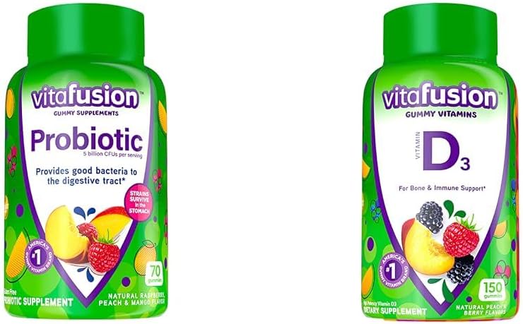 Vitafusion Probiotic Gummy dodatki, malina, Breskve in mango arome & Vitamin D3 Gummy Vitamini za kosti in imunski sistem podpora