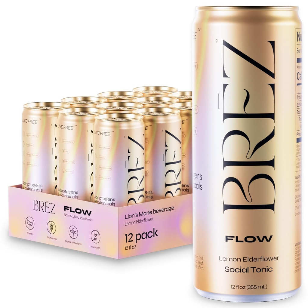 BREZ Levji grivasti gobji napitek, 12-kratnik, neinfundiran, adaptogeni, lajšanje, dvigovanje in družabna, bleščeča limonina cvetasta tonika 12 Fl oz