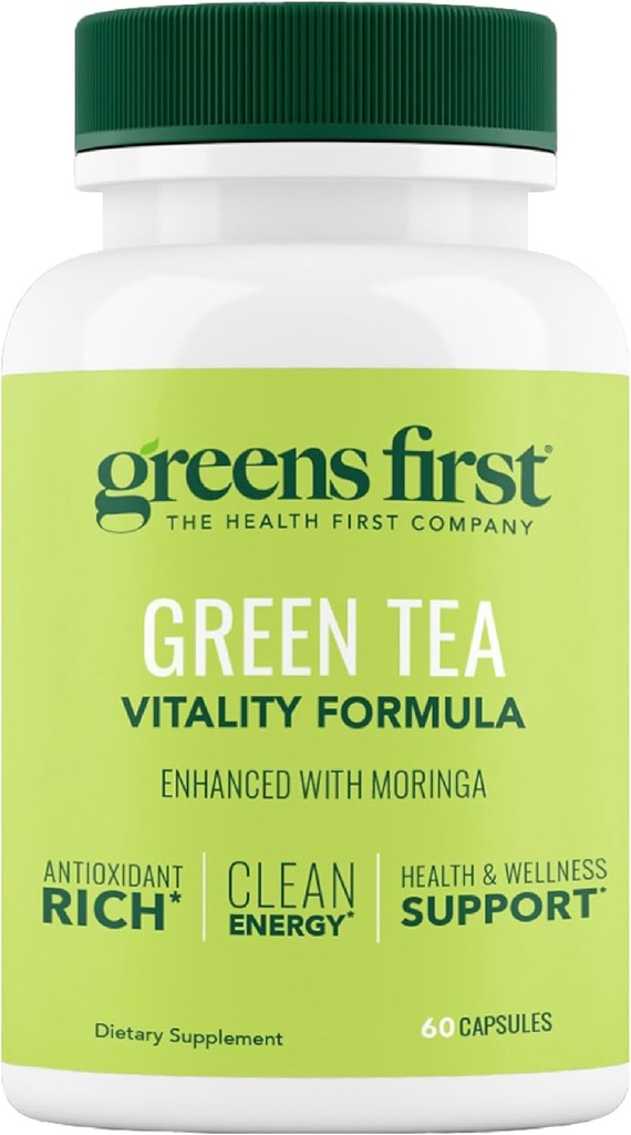 Greens First Green Tea Vitality Formula - Izboljšana z Moringa - Antioksidant-Rich za čisto energijo - Vegan & Gluten-free - Močna mešanica za energijo in splošno Wellness (60 kapsul)