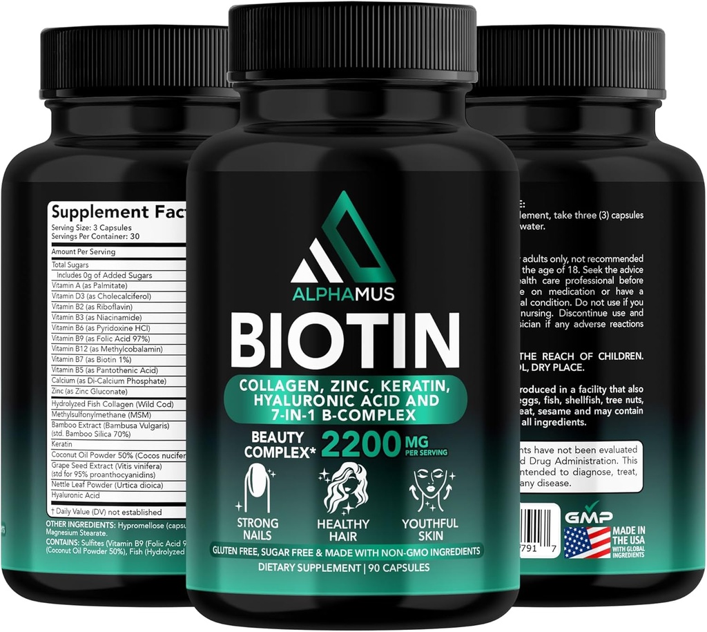 Biotin in kolagen dopolnila s keratin - Biotin 5000mcg kapsule za rast las, zdrave kože in nohti - Optimizirana mešanica hialuronske kisline in vitamina B kompleks za ženske in moške, 90 kapsul