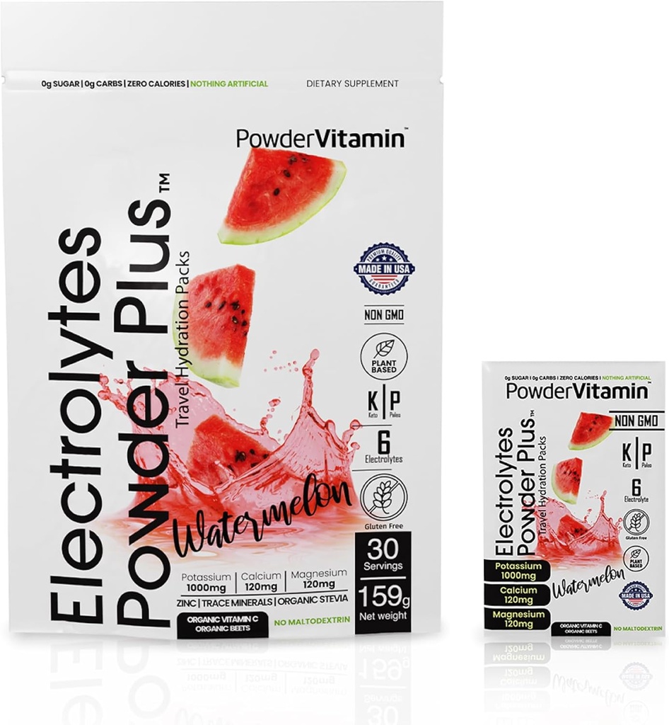 PrašekVitamin Elektroliti v prahu Plus, Keto, lubenica, brez sladkorja, 1000mg kalija, 120mg kalcija, 120mg magnezija, ne-GMO, nič kalorij, 30 hidracijski paketi