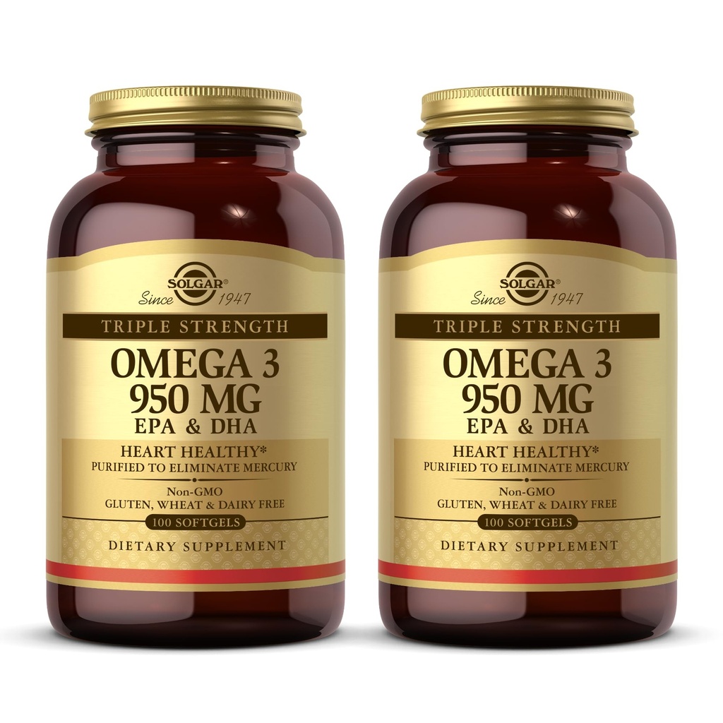 Solgar Triple Jakost Omega 3 950 mg - 100 Softgels, Pack po 2 - Podpira Joint & Skin Health - Non-GMO, Gluten Free, Dairy Free - 200 Skupaj Servings