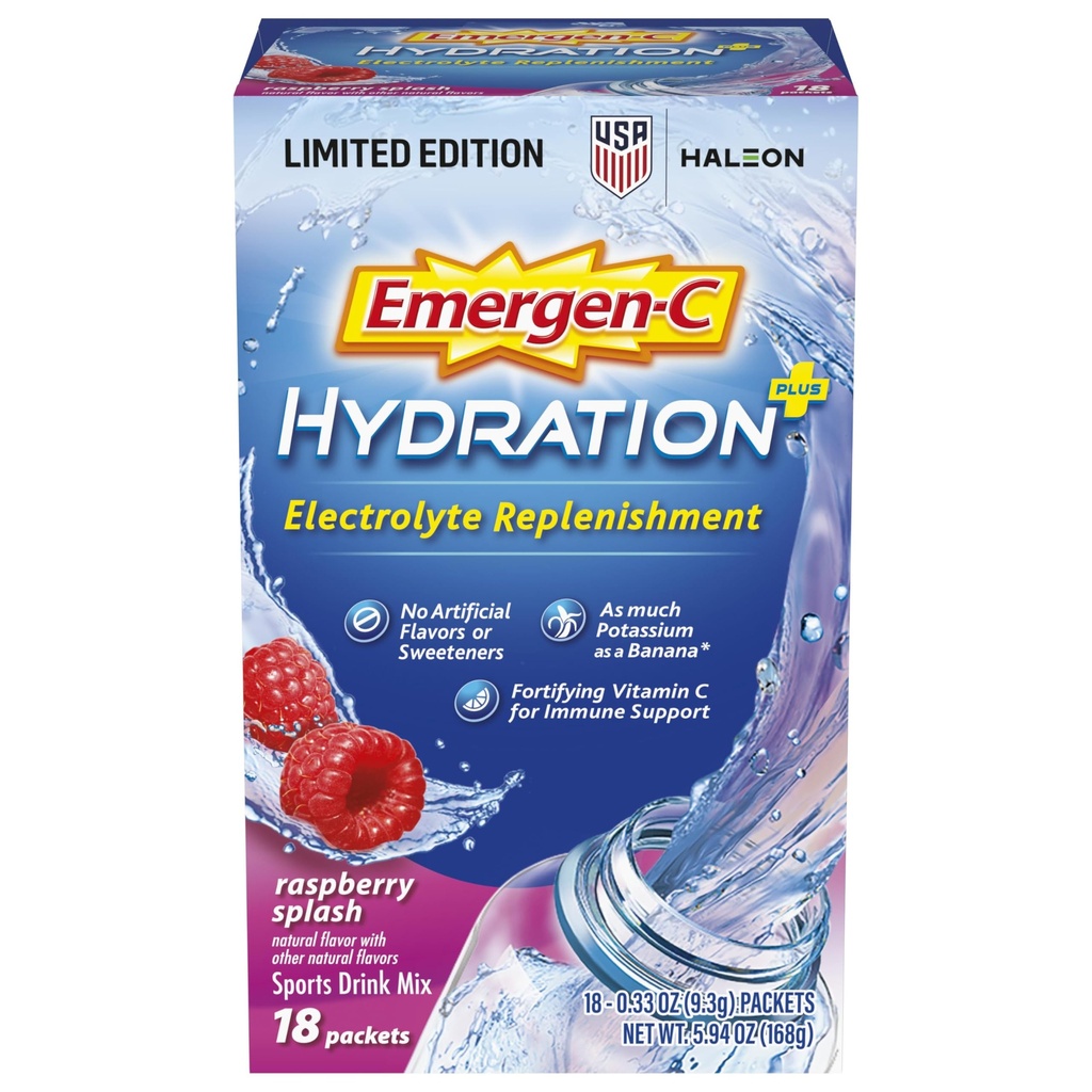 Emergen-C Hidracija+ Športna pijača mešamo z vitaminom C (18 Count, Raspberry Flavor), Elektrolyte Replenishment, 0.33 Ounce Powder Packets