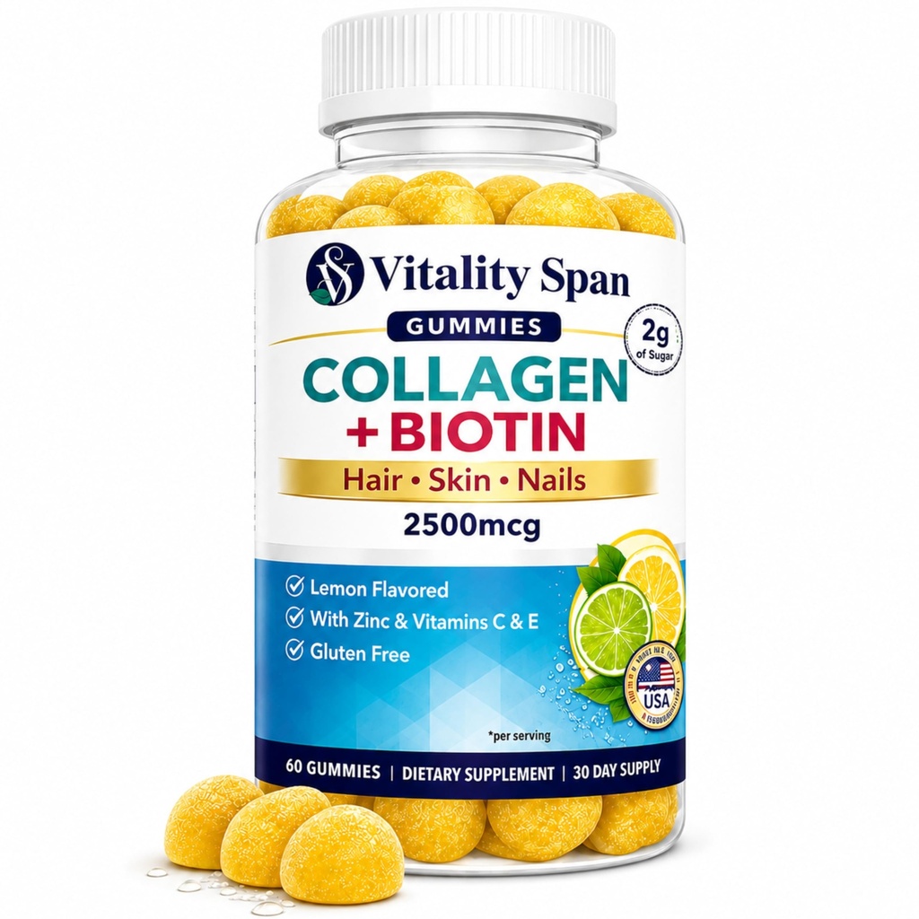 Colagen Gummies z Biotin (2500mcg), Vitamin C, E, cink za lase, kožo in nohte, Nizki sladkor, limonina aroma, 60 Gummies, Izdelano v ZDA
