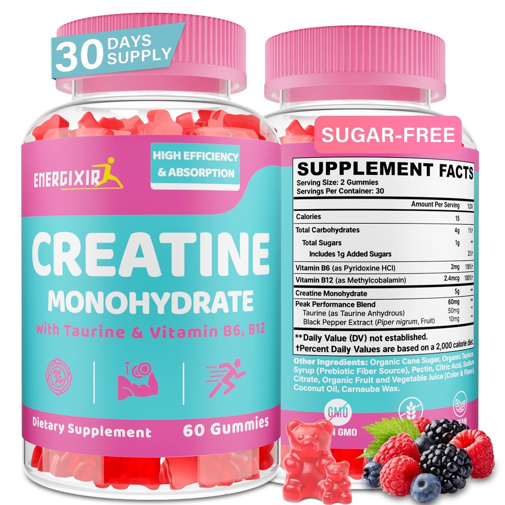 Kreatin za ženske, Kreatin Monohidrat Gumiji - Brez napihovanja - Pred in Post Workout Žvečilni dodatki s Taurin & B6 - za obnovo, moč, energijo & Booty, Performance, 60 Štetje