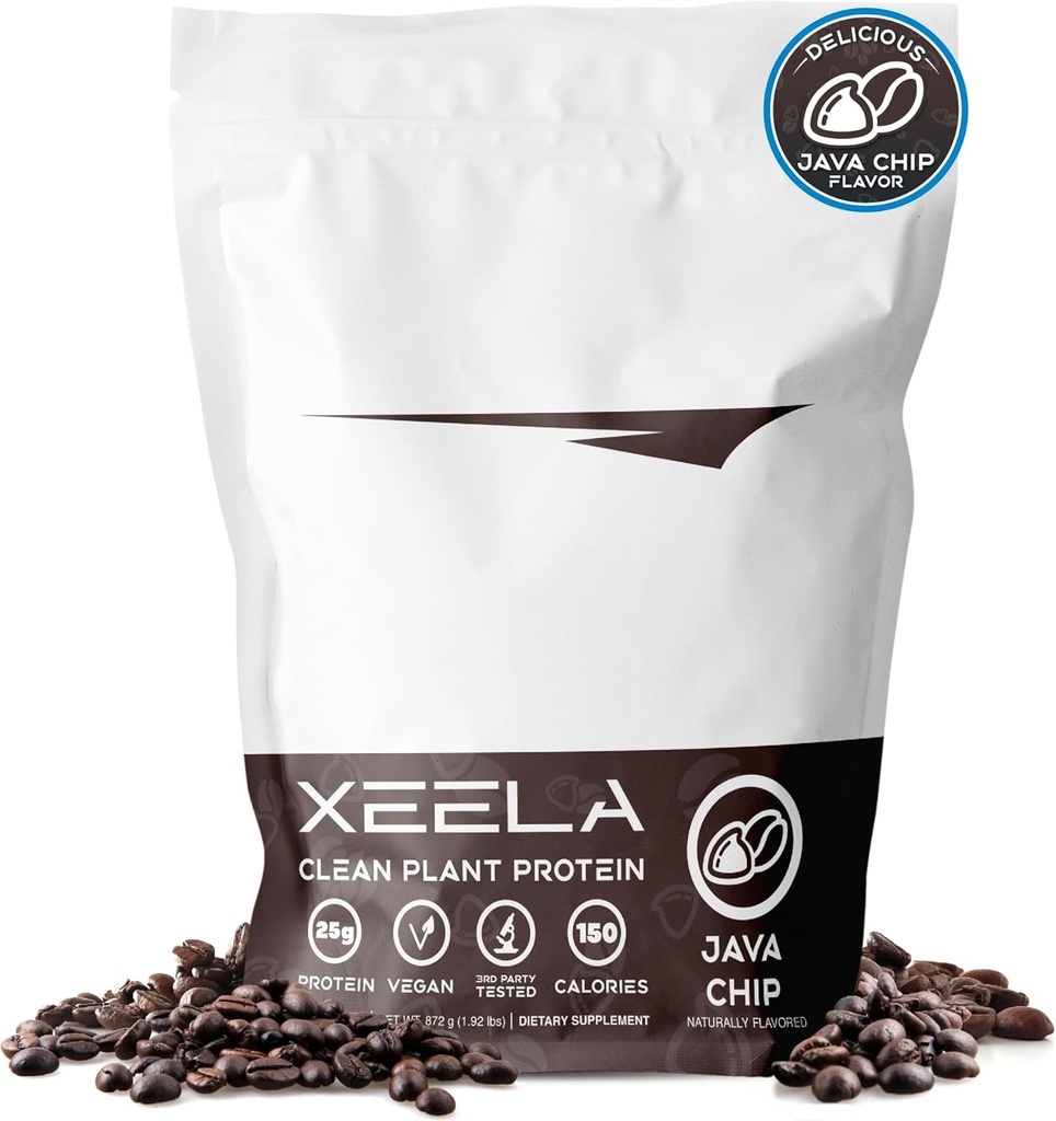 XEELA rastlinski veganski protein v prahu - Neodvisno testirani - 25g visoki proteini, Pea proteini za moške in ženske - vitamini in minerali, ne GSO, Mlečni in gluten brez, LowCarb & LowFat (Java Chip)