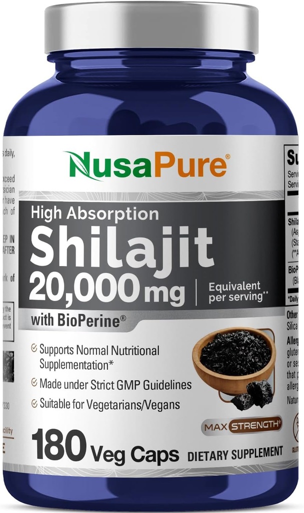 NusaPure Shilajit 20.000mg na strežbo, 180 Veggie Caps, Non-GMO, Gluten Free, Bioperine