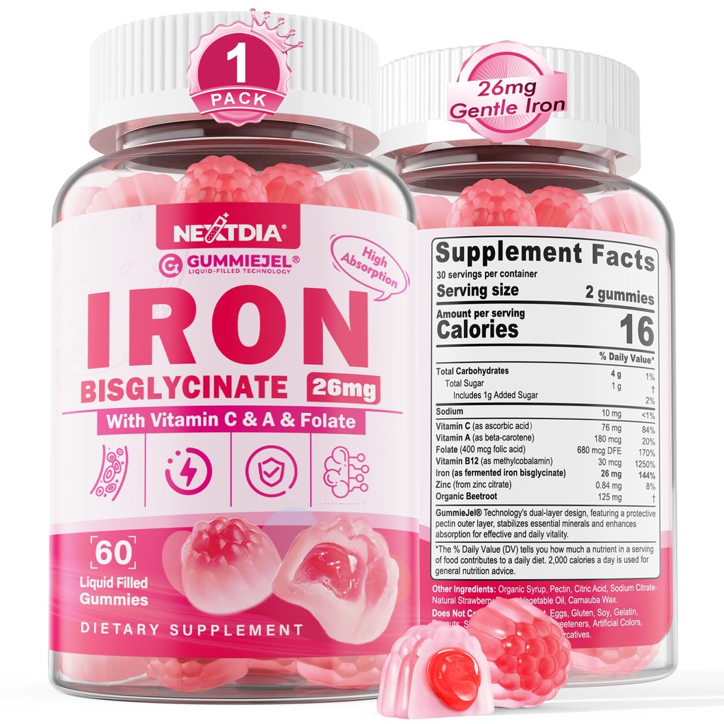 Iron Gummies for Women & Men, Iron Bisglycinate Gummies 26mg, Plus Vitamin C, Folate, Beet Root, B12 & Zinc,High Absorption Iron Supplement for Iron Deficiency, Immune & Energy Boost, Sugar-Free 60Cts