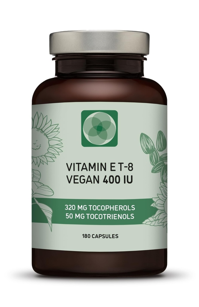 Vitamin E – vseh 8 tokoferolov + tokotrienolov 400 i.e. vegana – alfa tokoferol/tokotrienol + beta tokoferol/tokotrienol + gama tokoferol/tokotrienol + delta tokoferol/tokotrienol (180)