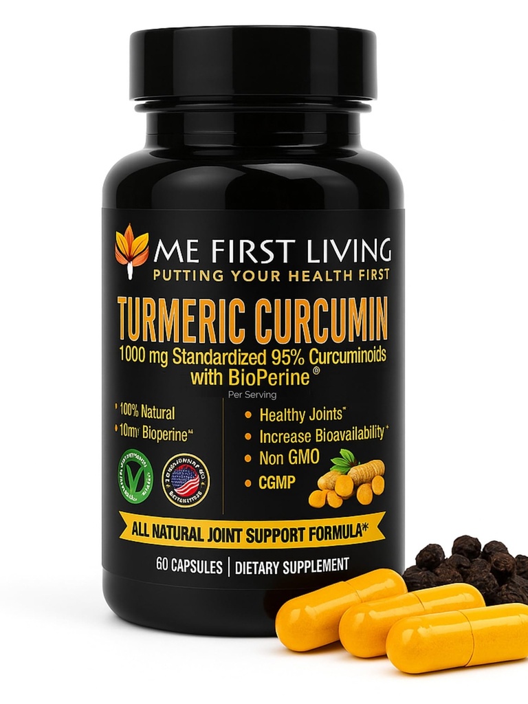 Me First Living Kurkumin 1000 mg 95% Curcuminoidi, Bioperine 10 mg, 19x Več moči kot drugi, povečana absorpcija, ne- GMO, organske kurkumine, Vegan, Gluten brez, 60 kapsul