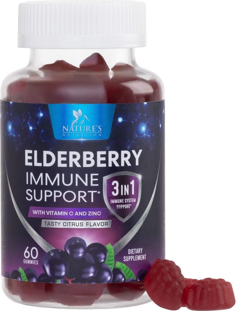 Bezgove jagode z vitaminom C, D3 in cink - Imunska podpora Gummy za otroke in odrasle, Black Elderberry Extract Gummy Imune Health Supplement, Black Elder Berry Vitamin - 60 Gummies