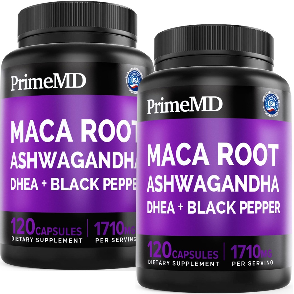 6-v-1 Organska Maca Root Ashwagandha Kapsule 1710mg z DHEA in izvleček črnega popra sadja za ženske in moške - Črna Maca dodatek za podporo Stamina, kosti in razpoloženja, 120ct (Pack of 2)