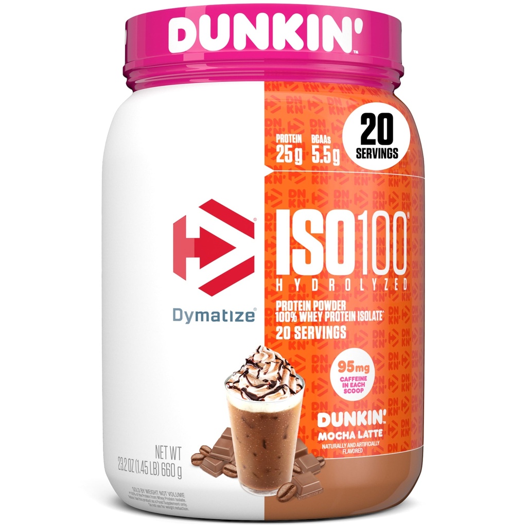 Dymatize x Dunkin' Mocha Latte ISO100 Whey Protein Powder, 95mg Kofein, 25g beljakovin, 5,5g BCAA, 120 Cal., Gluten Free, 1g maščobe, 1g sladkorja, 3g ogljikovih hidratov (20 servivov)