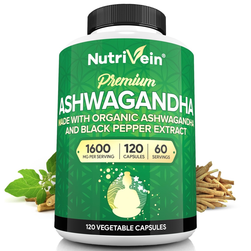 Nutrivein Ashwagandha za moške in ženske - 1600mg - Okrepljeno s črnim poprom - Visoko-Absorption Root Powder Ashwagandha dodatki za ravnotežje razpoloženja, mirno spanje, & fokus - 120 Veganske kapsule
