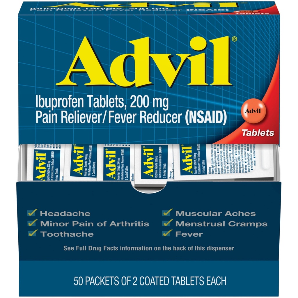 Advil Pain Reliever in Fever Reducer, Pain Relief Medicine z Ibuprofen 200 mg za glavobol, Backache, Menstrualne bolečine in lajšanje bolečine v sklepih - 50x2 Obložene tablete