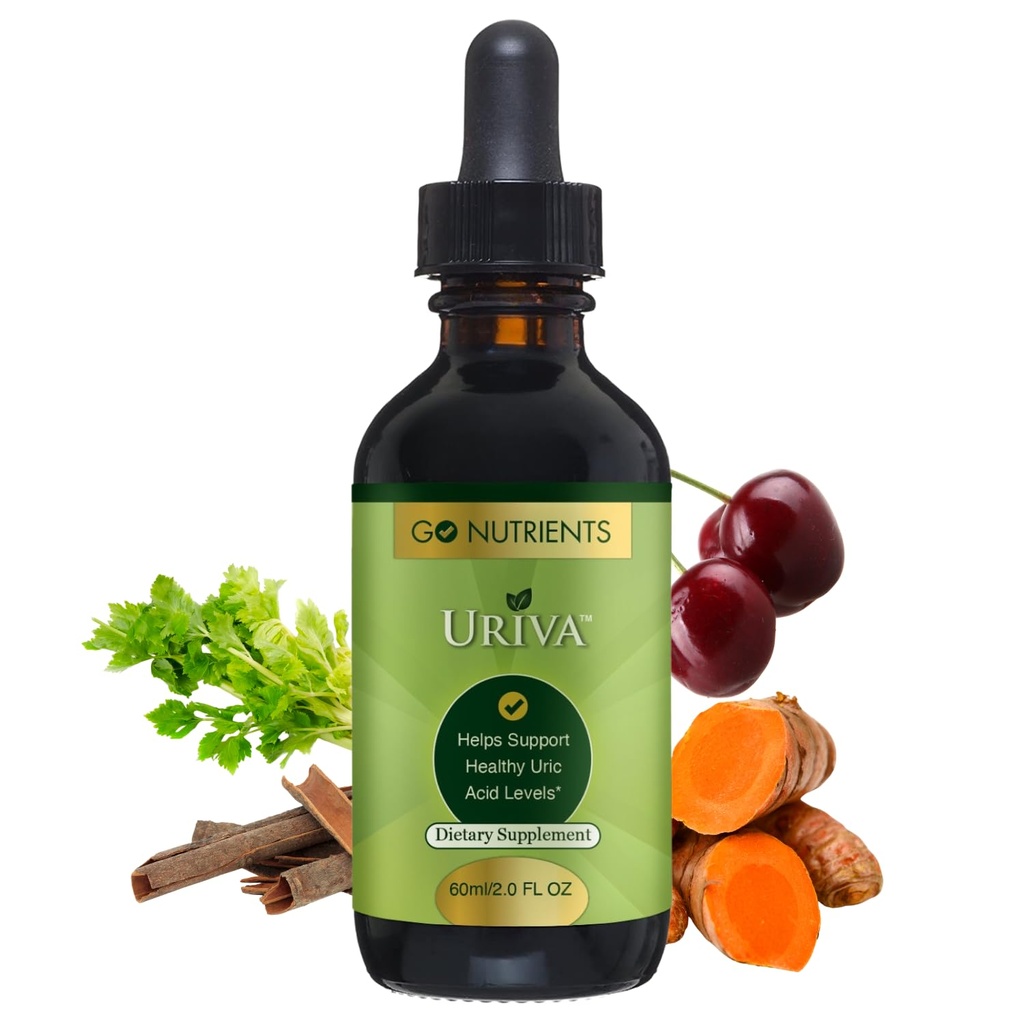 Go Nutrients Uriva - Napredna sečna kislina Flush očistite z izvlečkom iz Tart Cherry Zelena semena, Kurkuma & Več - Visoka absorpcija Tekočih kapljice Dopolnilo za sklepe in ledvice 2.0 oz.
