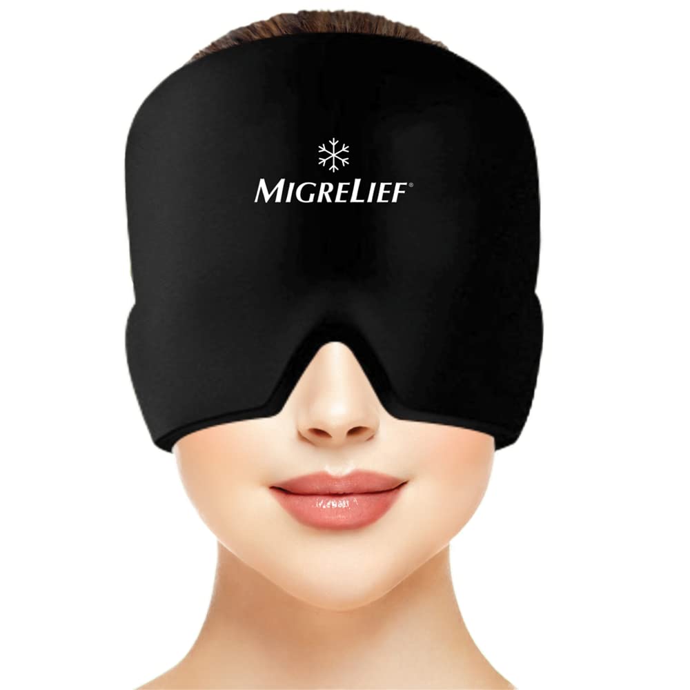 Migrelief Migraine Relief Cap - Ice Cap za migrene in glavoboli s 360 stopinj glavo in oči pokritost - hladno terapijo glavobol klobuk in migrena maska za naravne bolečine olajšave - ena velikost, črna
