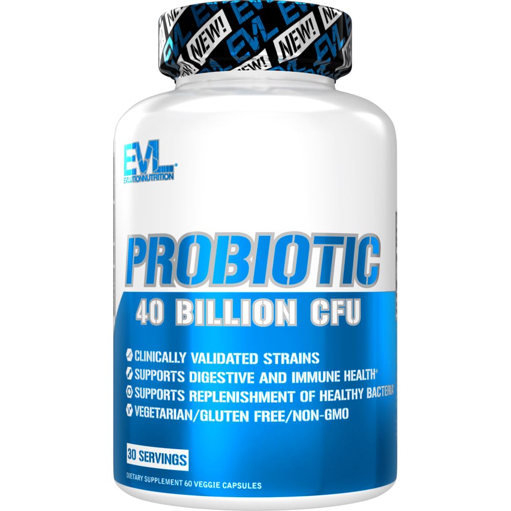Evlution Nutrition Probiotic - 40 milijard CFU - Podpora Prebavni + Imunski Zdravje - Probiotični dodatek za moške in ženske - vegetarijanske, Gluten Free & Non-GMO - 30 Serving - 60 Veggie kapsule