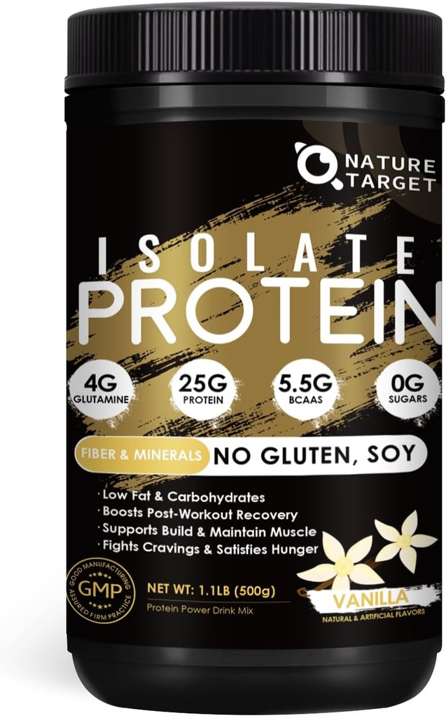 CILJ NATURE Izoliraj sirotkine beljakovine v prahu Vanilla, 25g beljakovine brez sladkorja in glutena, 5,5g BCAA, bogate z vlakni in minerali, 1,1 funt, 16 obrokov