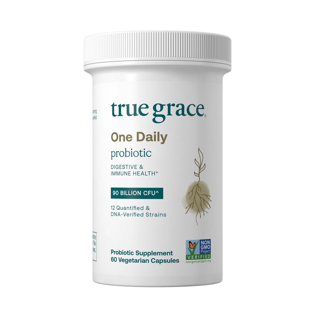 True Grace One Daily Probiotic - 60 Vegetarijanske kapsule - 90 milijard CFU - Gut, Prebavne in imunske zdravstvene podpore Mešanica s prebiotično Fiber - Gluten & Soy Free - 60 Služabniki