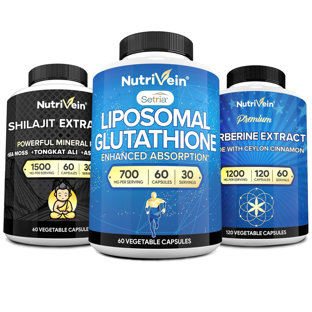 Nutrivein Premium Shilajit kapsule, liposomski glutation dopolnilo, & Berberine dopolnilo paket: Berberine, Glutation, & Shilajit kapsule za moške in ženske - Presnova, Vitalnost, & ravnotežje