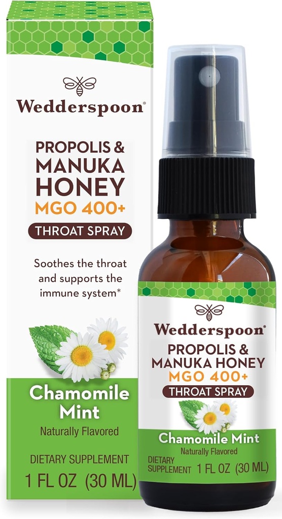 Wedderspoon Propolis in Manuka Medeno grlo Spray, Kamilica & Mint, 1 Fl Oz (Pack of 1), boleče grlo Relief, naravna imunske podpore