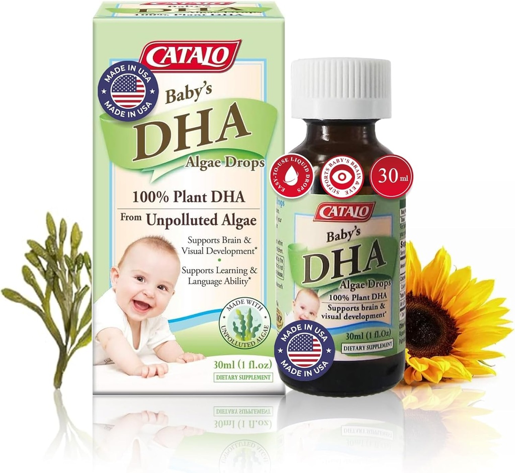 CATALO Baby’s Algee DHA kapljice - rastlinsko osnovana Omega-3 dodatek za dojenčke - Brez ribjega olja, brez umetnih dodatkov - Enostavno za uporabo Tekoči DHA dodatki - 30ml (1 fl oz)