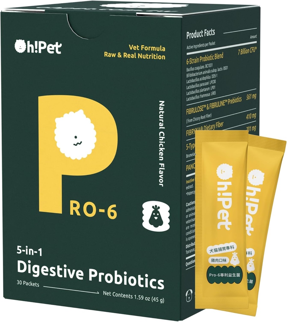 Oh! Pet® 5-v-1 digestivni probiotiki – 7B CFU prašek za pse in mačke s prebiotiki in encimi (piščanci, 30 paketov)