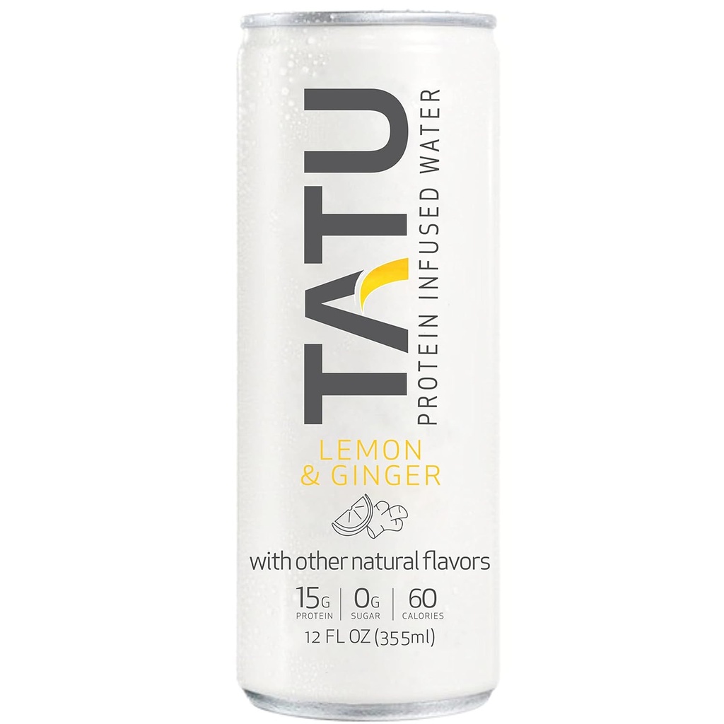 TATU Ready-To-Pink Protein Infundirana voda Lemon Ginger 24 Pack. 15 gramov izolat sirotkinih beljakovin, 0 gramov sladkorja, samo 60 kalorij. Lemon Ginger in Orange Mango. Brez glutena, brez laktoze.