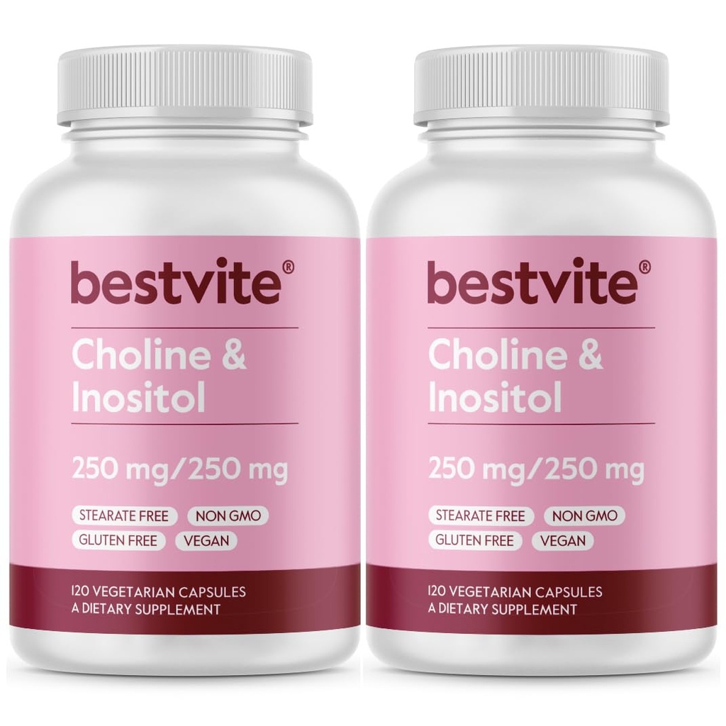 BESTVITE holin inozitol 500 mg (240 vegetarijanskih kapsul) (120 x 2) - brez stearat - brez dikalcijevega fosfata - brez filerjev - vegan - brez GSO - brez glutena