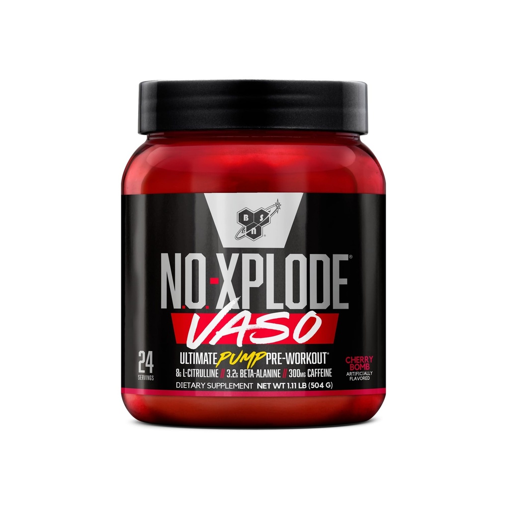 BSN N.O.-XPLODE Vaso Pre Worout Powder z 8 g L-citrulina in 3,2 g beta-alanina in energetika, aroma: Cherry Bomb, 24 sluge