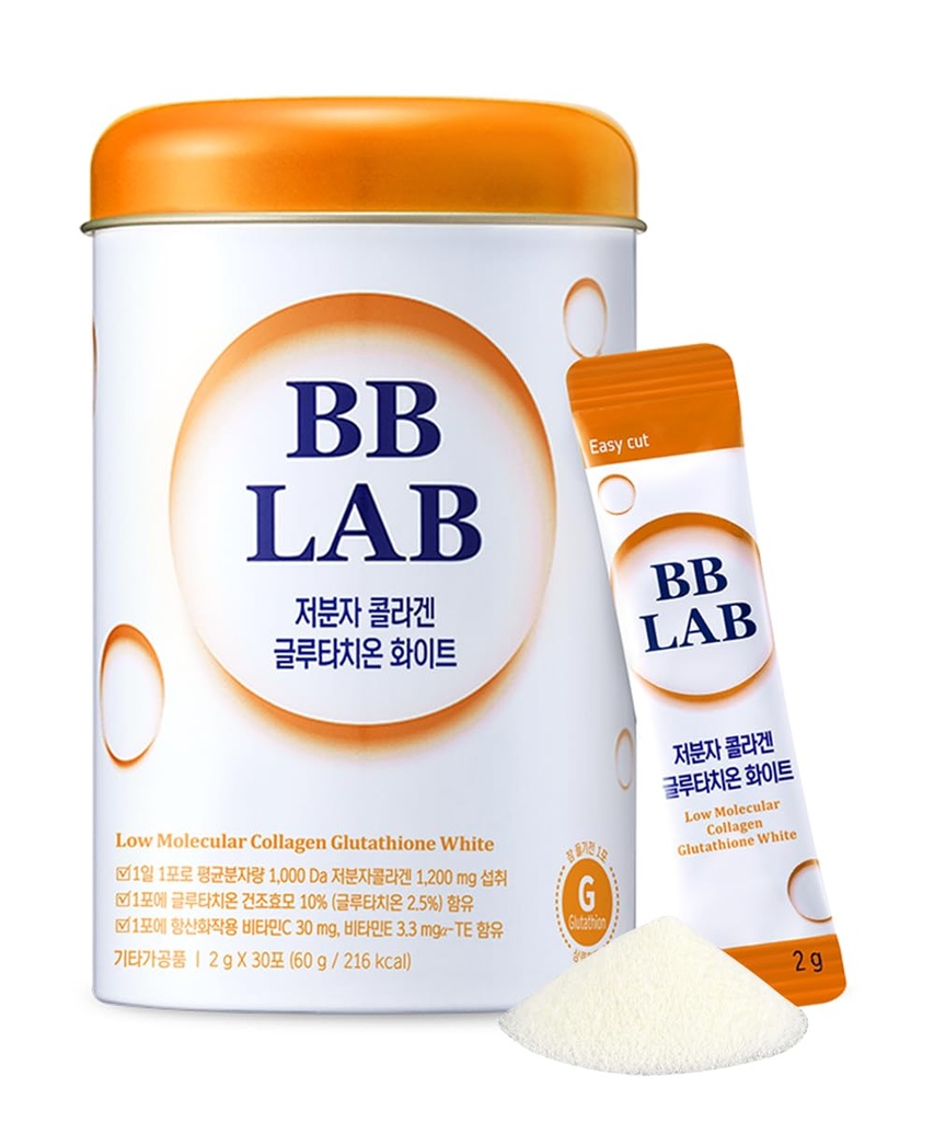 BB LAB kolagen glutation bel, nizkomolekularni korejski dodatek, ribe peptidi, vitamin C, vitamin E, glutation, hitra abosorpcija, oranžna aroma