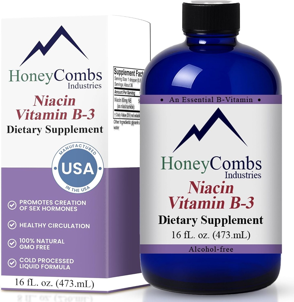 HoneyCombs Vitamin B3 Niacin dodatek tekoče kapljice - visoka moč Vitamin B3 Tekoče kapljice za moške in ženske - vzdrževanje prebavnega sistema, kože, jezika, energije in več - Veganska Niacin kapljica (16 Fl oz)