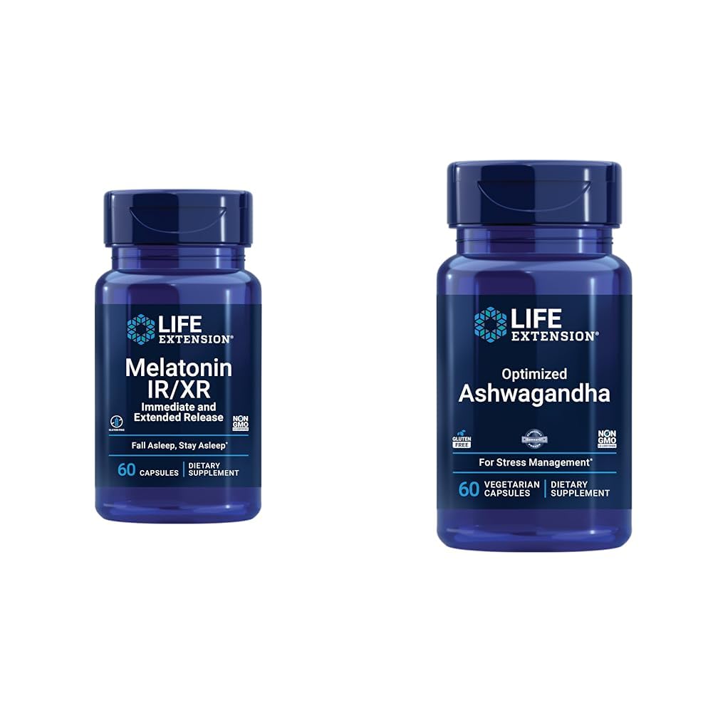 Life Extension Melatonin IR/XR & Optimised Ashwagandha - spanje, razbremenitev stresa, fokus, spomin - 60 kapsul