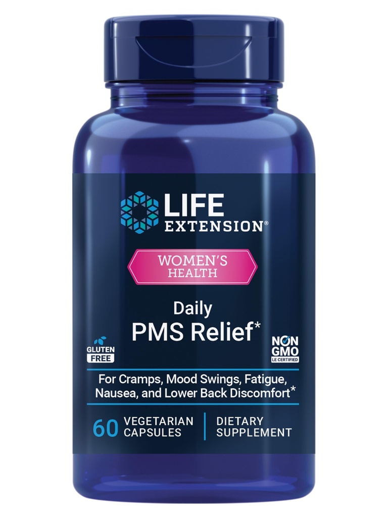 Life Extension Daily PMS Relief, Menstrual Comfort dodatek, PMS-related Cramps, nelagodje v spodnjem delu hrbta, Mood, Ginger, Magnezij, B6, Gluten-free, Non-GMO, 60 kapsul
