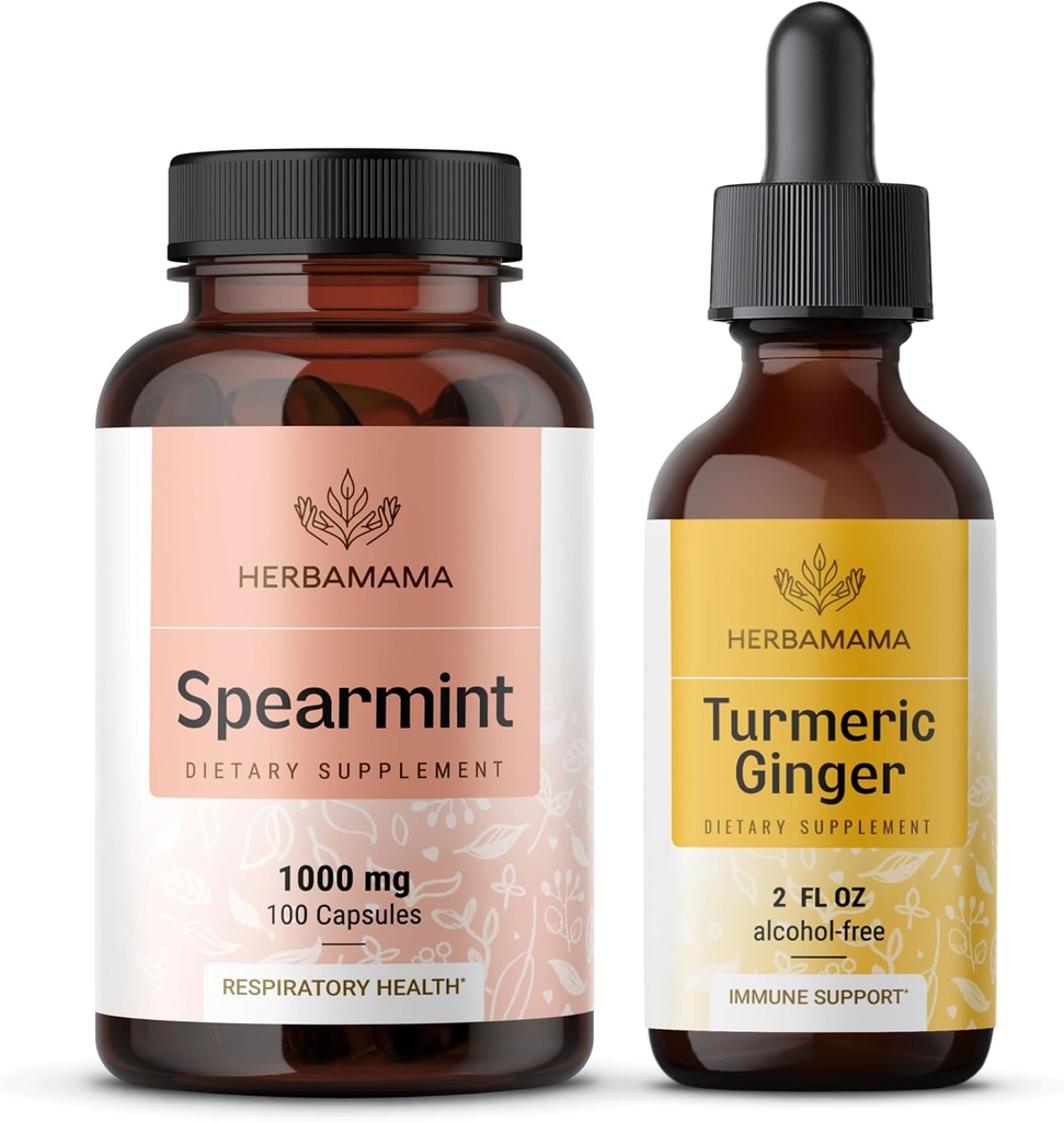 HERBAMAMA Spearmint in kurkuma ingver Kit - paket 1000 mg pearmin list kapsule & kurkuma ingver Tinktura 2 fl oz - vegan, ne-GMO, sladkor in alkohol brez - 2 paket
