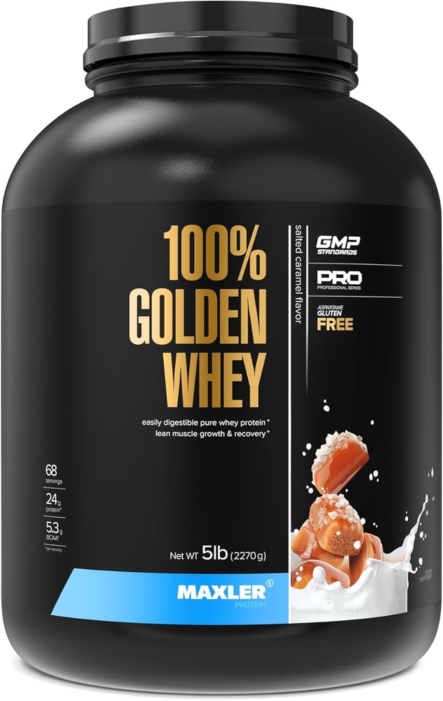 Maxler 100% Golden Whey Protein - 24g beljakovin na serviranje - Premium Whey Protein Powder for Pre Post Workout - hitro absorbira koncentrat sirotke, izolat in hidrolizatna mešanica - soljena karamela 5 lb
