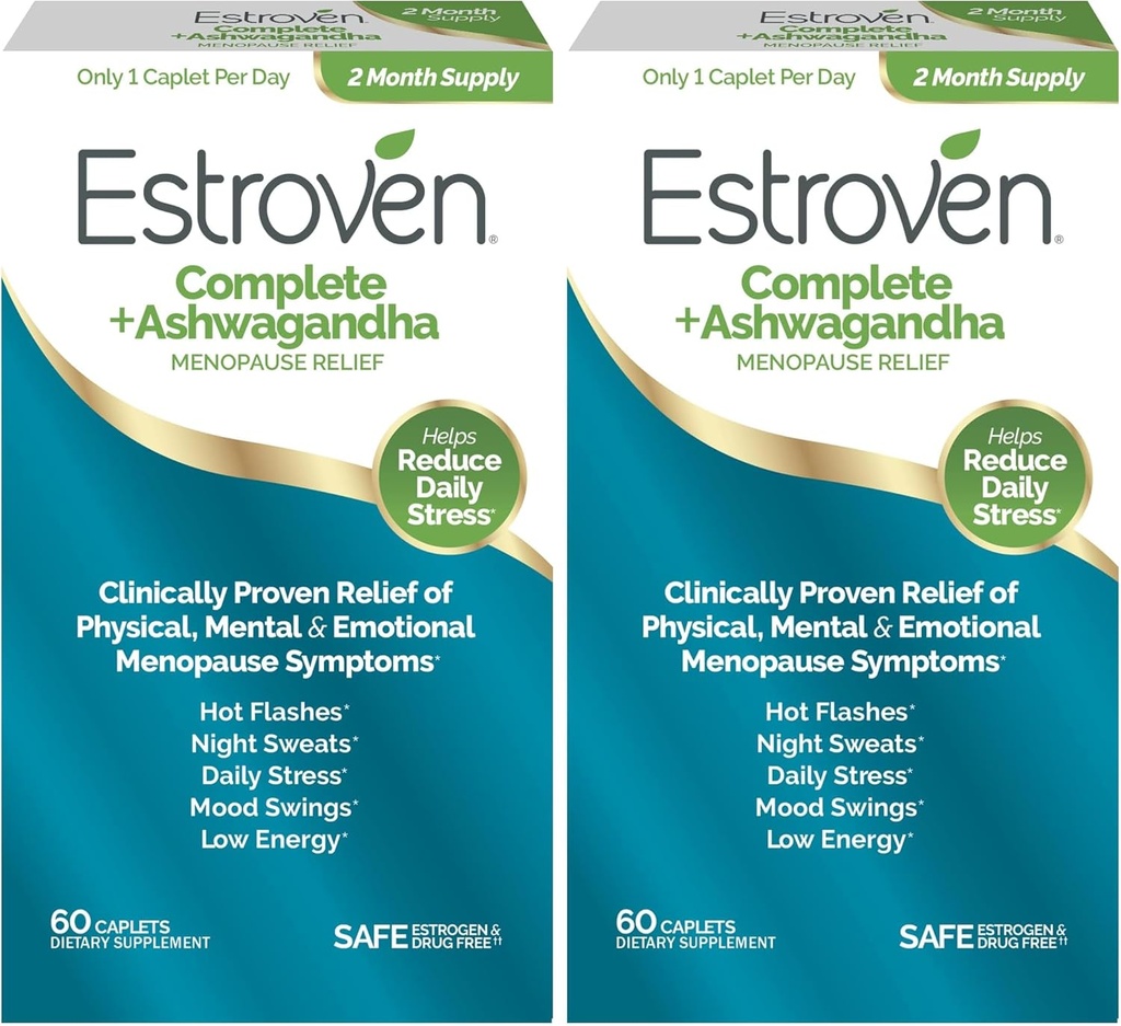 Estroven Complete + Ashwagandha Multi-Simptom Menopause Dopolnilo za ženske - Klinično dokazano sestavine Zagotavlja Menopause Relief & nočno potenje + Hot Flash Relief* - 4 Mesec oskrbe (Pack of 2)