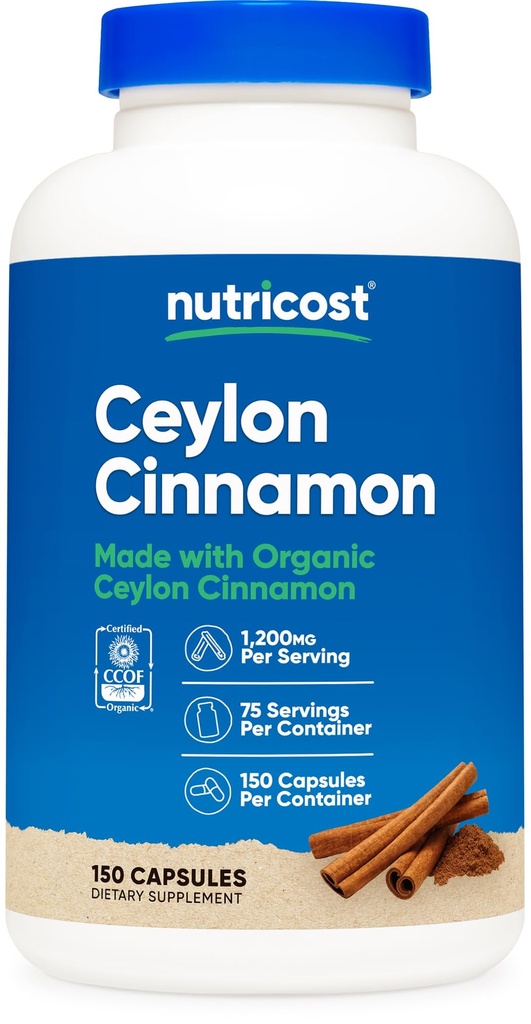 Nutricost Organski cimet (Ceylon Cinnamon) 1.200 mg Serviranje, 150 kapsul - brez glutena, brez GMO