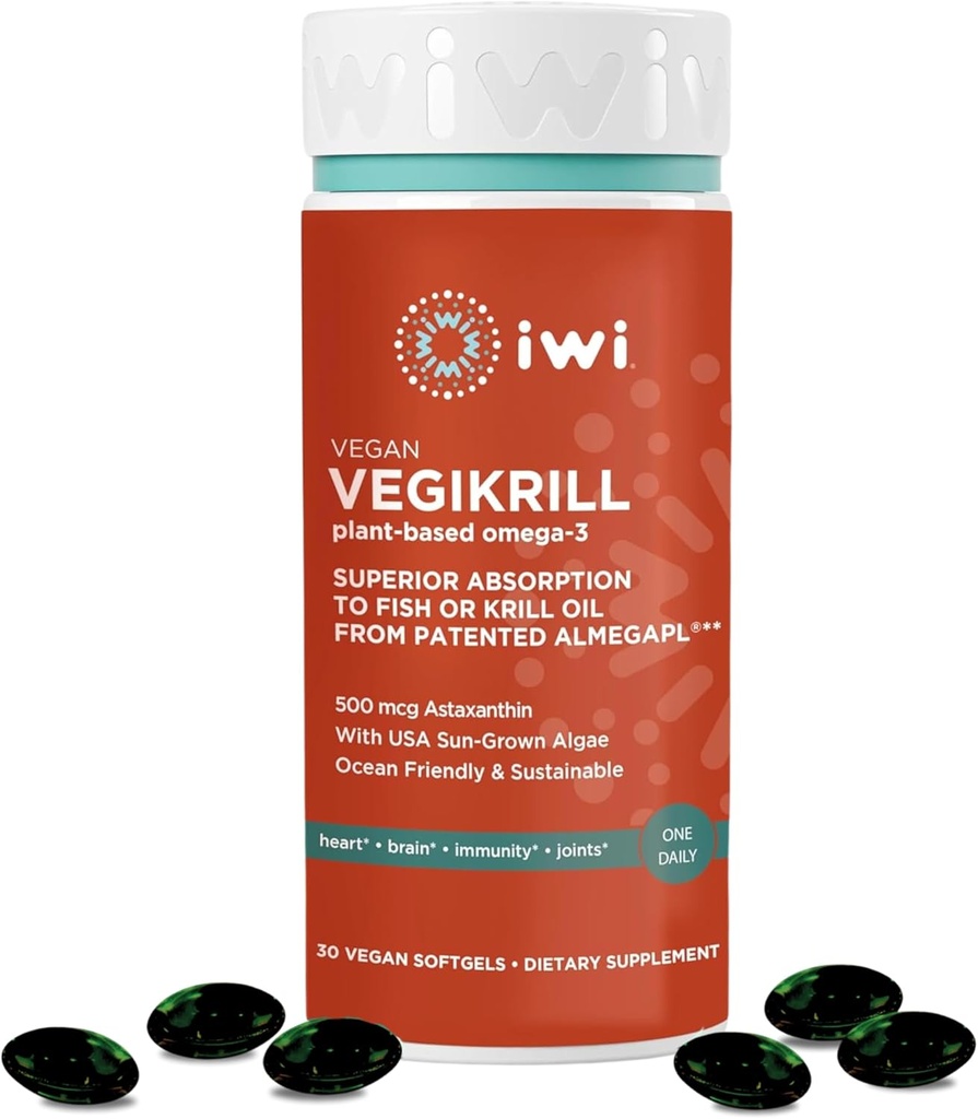 iwi Life Vegikrill Omega-3, 30 Softgels (30 strežajev), Vegan, rastlinsko osnovani Algae Omega-3 z astaksantinom, celotna podpora za prehrano, Krill & Fish Oil Alternative, brez ribjega pookusa