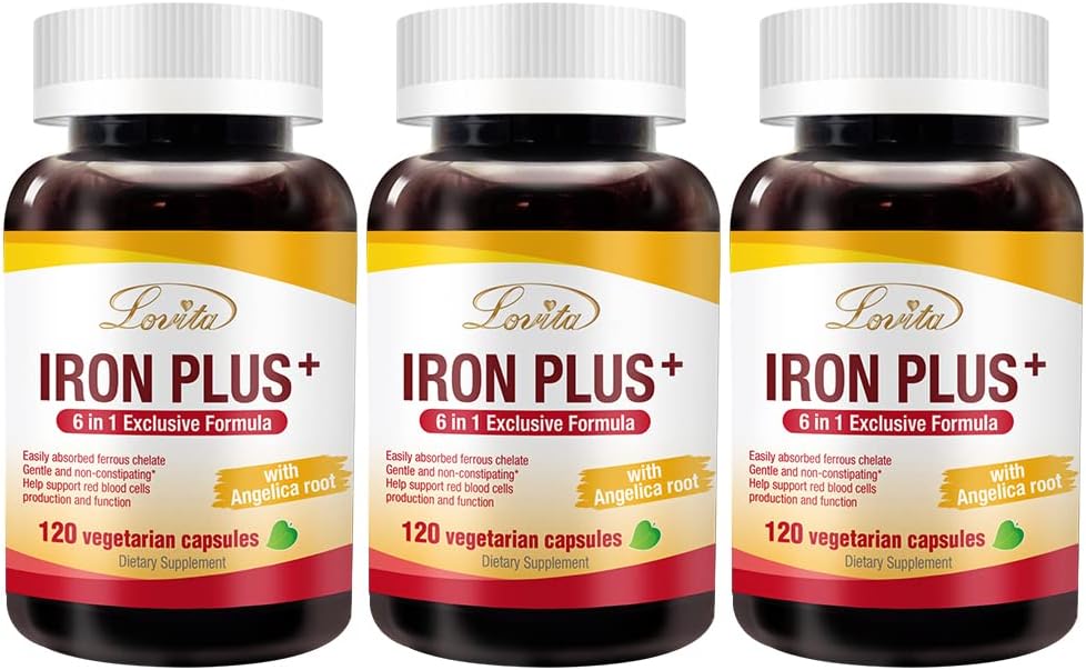 Lovita Iron 18 mg, 6 v 1 železa dodatek za ženske, z vitaminom C, Dong Quai & B12, Vegan vitamin za podporo proizvodnje rdečih krvnih celic brez zaprtja, 120 kapsule (paket 3)
