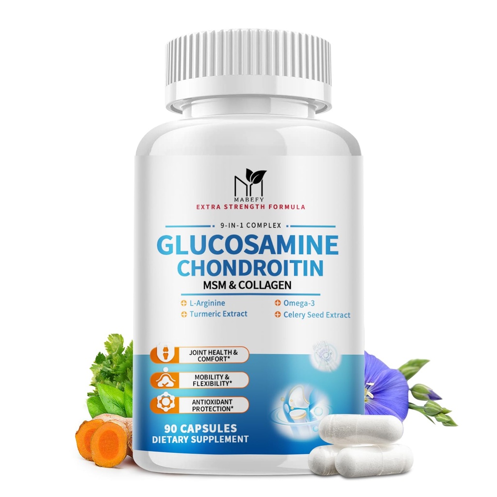 Glukozamin Kapsule Chondroitin 1500 mg z MSM, kolagenom, kurkuma - skupni dodatek za podporo za moške in ženske, skupna zdravstvena podpora, 90 kapsul
