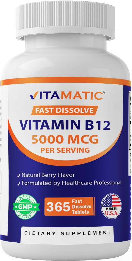 Vitamatski vitamin B12 5000 mcg – 365 hitro raztapljajoče tablete Berry Flavor – Podpira proizvodnjo energije in zdravje živčnega sistema – Ne-GMO, Gluten-free
