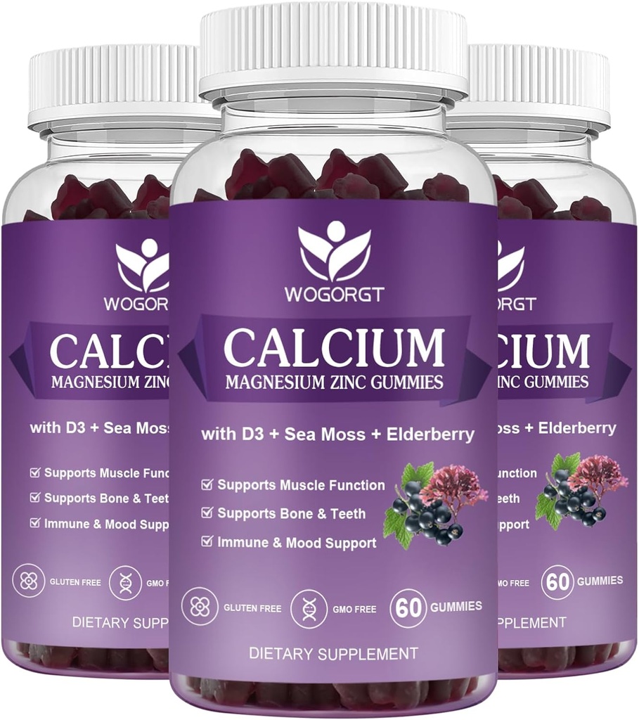 Kalcijev magnezijev cink Gumiji z vitaminom D3 - visoka absorpcija Kompleksni kalcij dodatek z morskim mahom, Bezgovina za kosti, mišice, Imunska, Mood & Sleep Support, Vegan - 60 Gummies (3 paket)