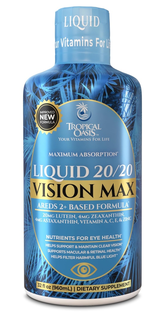 Tekoči 20/20 Vision - Eye Vitamin Formula w/20mg Lutein, 4mg Zeaksantin, 4mg Astaksantin za podporo vida –Max Absorpcija - odličen okus in brez tablete za pogoltnitev – 32 Serv, 32oz