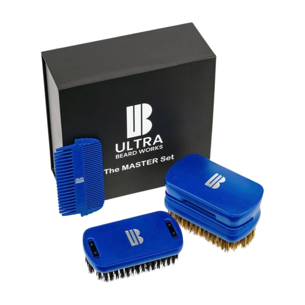 Magnetizirani visoko-end Brad Brush “Master” Set. "ULTIMATE BRUSH" je 3-v-1 čopič set. Vključuje: ogledalo, prostor za shranjevanje, dva glavnika in dva čopiča. Snemljivi kosi naredijo prilagojeno enoto.